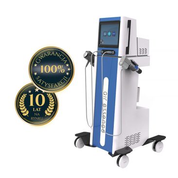 Air Essence™ Vortex V12 – urządzenie do fali uderzeniowej elektromagnetycznej skupionej i pneumatycznej, widok przedni z aplikatorami oraz widocznymi oznaczeniami „Gwarancja 100% satysfakcji” i „10 lat na rynku”.