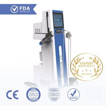 Zdjęcie przedstawia Air Essence™ Vortex V12 (fala elektromagnetyczna skupiona i pneumatyczna), biało-niebieskie urządzenie kosmetyczne z ekranem dotykowym i wieloma końcówkami, z certyfikatami FDA, CE, ISO, RoHS i złotą odznaką Ekspert Branży Beauty.