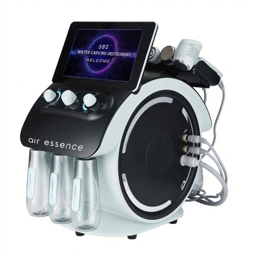 Urządzenie Air Essence™ Hydro Oxygen 6 w 1 to biało-czarny przyrząd do pielęgnacji skóry z cyfrowym ekranem, pokrętłami sterującymi, dołączonymi butelkami i kablami, używany do hydrodermabrazji, oczyszczania skóry i wyposażony w kamerę do skóry.