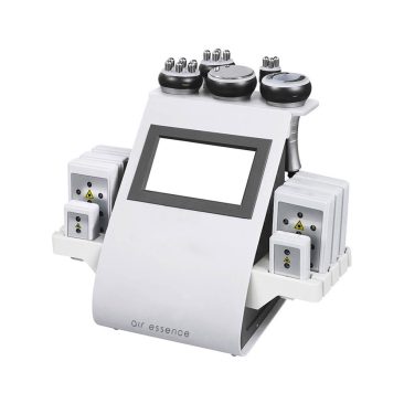 Kombajn kosmetyczny Air Essence™ WindScrub S1, białe, nowoczesne urządzenie kosmetyczne 6 w 1 z ekranem dotykowym, wieloma odłączanymi końcówkami i prostokątnymi modułami po obu stronach.