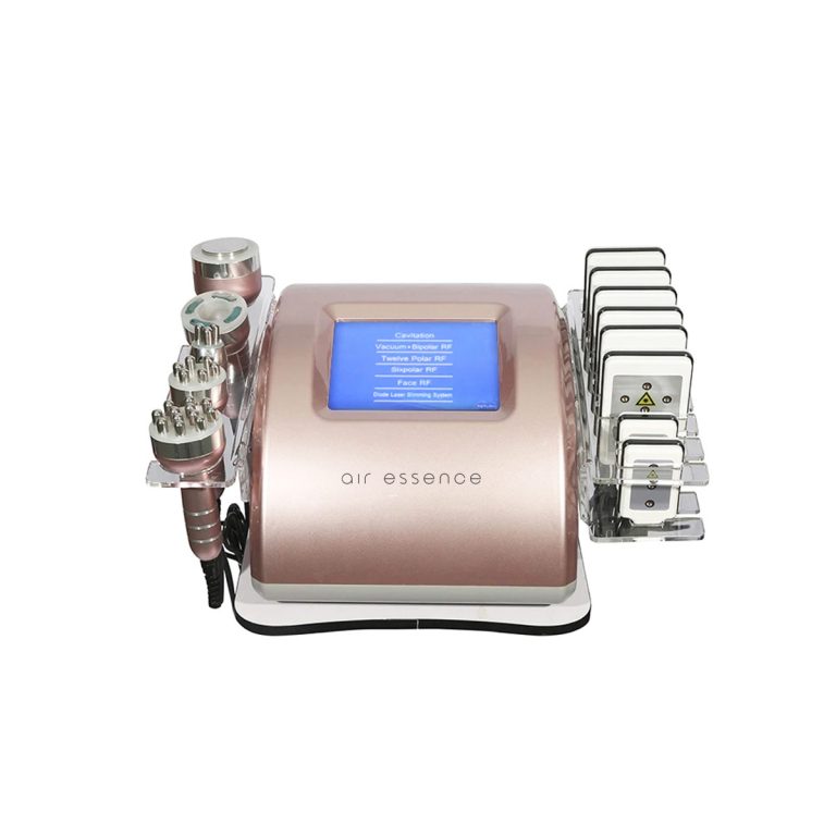 Air Essence™ WindScrub S2 Rose Kombajn kosmetyczny, wielofunkcyjne urządzenie kosmetyczne 6 w 1 z cyfrowym ekranem, dołączonymi końcówkami i kwadratowymi nakładkami do zabiegów na skórę, jest pokazane na białym tle.
