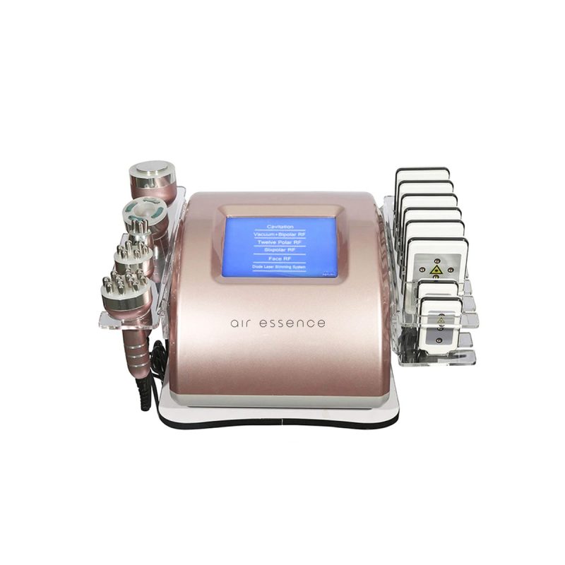 Air Essence™ WindScrub S2 Rose Kombajn kosmetyczny, wielofunkcyjne urządzenie kosmetyczne 6 w 1 z cyfrowym ekranem, dołączonymi końcówkami i kwadratowymi nakładkami do zabiegów na skórę, jest pokazane na białym tle.
