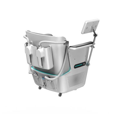 Fotel EMS + HIEMT Sano urządzenie do wzmocnienia mięśni dna miednicy i mięśni Kegla widok z tyłu z widocznymi aplikatorami bocznymi ekranem sterowania oraz mobilną podstawą na kółkach