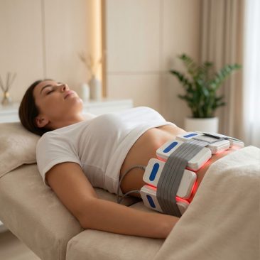 Kobieta leży na łóżku zabiegowym z Air Essence™ WindScrub S1, wielofunkcyjnym urządzeniem kosmetycznym 6 w 1, a jego świecące światła są stosowane na jej brzuchu podczas zabiegu modelowania sylwetki w jasnym, nowoczesnym pomieszczeniu.