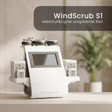 Elegancki, biały Air Essence™ WindScrub S1 Kombajn kosmetyczny, wielofunkcyjne urządzenie 6-w-1 z ekranem dotykowym i wieloma głowicami znajduje się na stole. Tekst w języku polskim brzmi: WindScrub S1, wielofunkcyjne urządzenie 6w1.