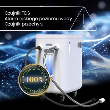Inhalator wodorowy Air Essence™ Euria E2 (300 ml H2, 450 ml H2+O2) jest przedstawiony z wężami na niebieskim abstrakcyjnym tle. Polski tekst podkreśla czujnik TDS, alarm niskiego poziomu wody, czujnik przechyłu i złotą plakietkę 