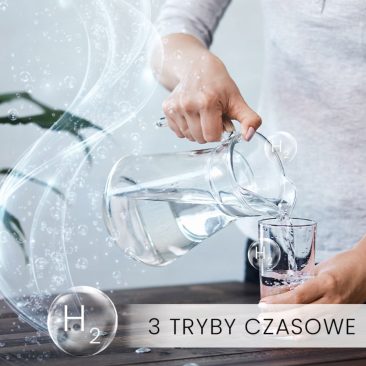 Osoba nalewa wodę ze szklanego dzbanka do szklanki na drewnianym stole, z ozdobnymi bąbelkami wody i symbolami H₂. U dołu napis w języku polskim 3 TRYBY CZASOWE. Produkt: Air Essence™ Euria E2 - inhalator wodoru 300ml H₂, 450ml H₂ + O₂.
