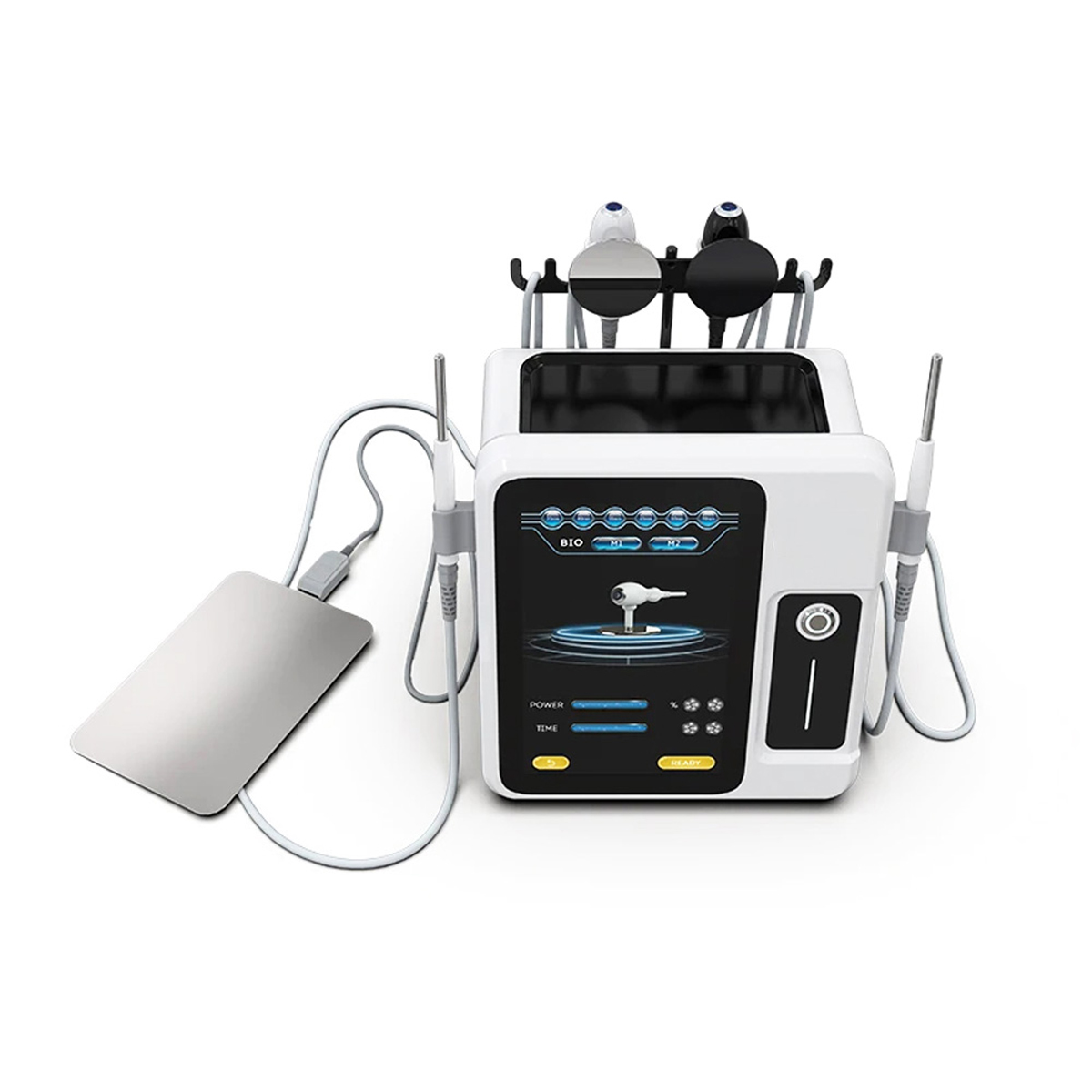 Air Essence™ Tecar (CET RET BIO) to nowoczesne urządzenie elektroniczne z cyfrowym wyświetlaczem, przeznaczone do zabiegów na skórę lub ciało przy użyciu Tecar CET RET i biomikroprądów, pokazane na białym tle.