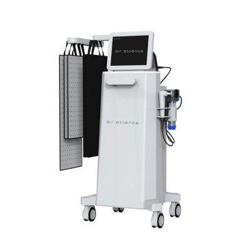 Air Essence™ Vortex V11 – urządzenie do elektromagnetycznej fali uderzeniowej skupionej, terapii Tecar CET/RET i lipolizy, widok boczny z zawieszonymi panelami LED oraz aplikatorem fali uderzeniowej.