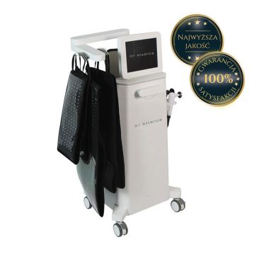 Air Essence™ Vortex V11 – urządzenie do elektromagnetycznej fali uderzeniowej skupionej, terapii Tecar CET/RET i lipolizy, widok boczny z zawieszonymi panelami LED oraz oznaczeniami „Najwyższa jakość” i „Gwarancja 100% satysfakcji”.