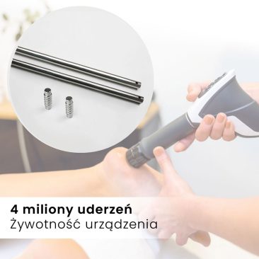 Osoba używa urządzenia Air Essence™ Vortex V11 na stopie pacjenta. Wstawka pokazuje dwa metalowe pręty i sprężyny. Polski tekst: 