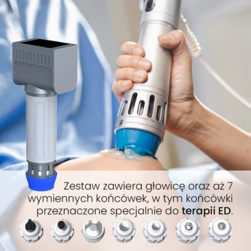 Zestaw do fali uderzeniowej w urządzeniu Air Essence™ Vortex V4 obejmuje głowicę zabiegową oraz 7 wymiennych końcówek o różnym przeznaczeniu terapeutycznym. Na zdjęciu widoczny jest aplikator stosowany podczas zabiegu oraz komplet końcówek, w tym dedykowane do specjalistycznych terapii tkanek miękkich, umożliwiające precyzyjne dopasowanie parametrów do obszaru zabiegowego.