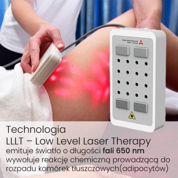 Technologia LLLT - Low Level Laser Therapy w urządzeniu Air Essence™ Vortex V4 wykorzystuje światło o długości fali 650 nm, wspierając procesy metaboliczne w tkance tłuszczowej. Na zdjęciu widoczny jest aplikator lipolasera emitujący czerwone światło podczas zabiegu, stosowanego w terapii estetycznej ukierunkowanej na modelowanie sylwetki.