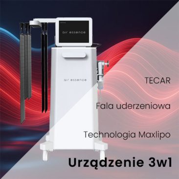 Urządzenie medyczne Air Essence™ Vortex V11, wyposażone w terapię TECAR CET RET, zogniskowaną falę uderzeniową elektromagnetyczną, lipolizę i technologię światła LED, jest pokazane na czerwono-niebieskim falistym tle.