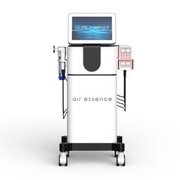 Air Essence™ Vortex V4 to profesjonalne urządzenie do terapii falą uderzeniową, TECAR CET/RET oraz EMS, wyposażone w ekran dotykowy i moduły zabiegowe umieszczone po bokach obudowy. Na zdjęciu widoczny jest mobilny aparat na czterech kółkach, przeznaczony do zastosowań w fizjoterapii, rehabilitacji oraz nowoczesnej terapii estetycznej.