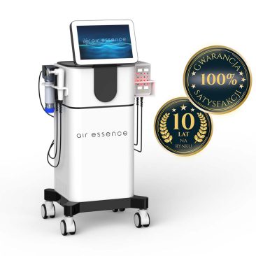 Air Essence™ Vortex V4 to wielofunkcyjne urządzenie do terapii falą uderzeniową, TECAR CET/RET oraz EMS, przeznaczone do profesjonalnych gabinetów fizjoterapii i kosmetologii. Na grafice widoczne są oznaczenia „10 lat na rynku” oraz „100% gwarancji satysfakcji”, podkreślające doświadczenie marki i wsparcie posprzedażowe dla klientów.