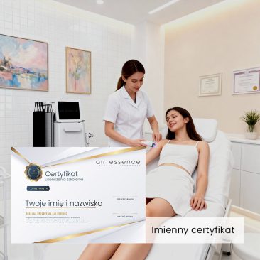 Zabieg falą uderzeniową Air Essence™ Vortex V11 w profesjonalnym gabinecie; widoczny imienny certyfikat potwierdzający ukończenie szkolenia z obsługi urządzenia.