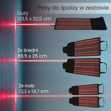 Zestaw pasów do lipolizy LED do urządzenia Air Essence™ Vortex V11 – jeden duży, dwa średnie  oraz dwa małe z widocznymi diodami emitującymi czerwone światło.