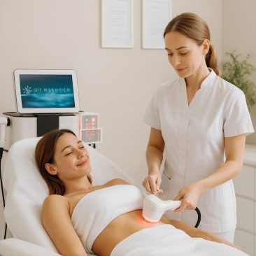 Zabieg wykonywany urządzeniem Air Essence™ Vortex V4 w profesjonalnym gabinecie kosmetologicznym. Na zdjęciu kosmetolog przeprowadza terapię z wykorzystaniem głowicy zabiegowej na obszarze brzucha pacjentki, wspierając modelowanie sylwetki oraz poprawę napięcia skóry przy użyciu nowoczesnej technologii fal i energii terapeutycznej.
