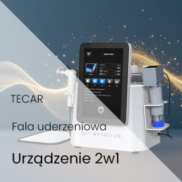 Air Essence Vortex V9 urządzenie 2 w 1 do terapii TECAR w trybie CET i RET oraz elektromagnetyczną falą uderzeniową skupioną z ekranem dotykowym i aplikatorami zabiegowymi na tle grafiki z napisem TECAR fala uderzeniowa