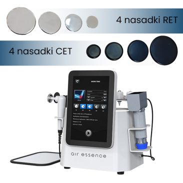 Air Essence Vortex V9 urządzenie 2 w 1 do terapii TECAR w trybie CET i RET oraz elektromagnetyczną falą uderzeniową skupioną z ekranem dotykowym oraz czterema nasadkami CET i czterema nasadkami RET pokazanymi nad urządzeniem
