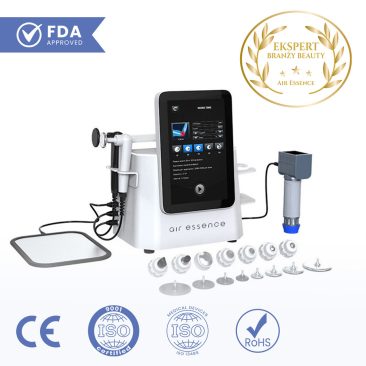 Air Essence Vortex V9 urządzenie do terapii elektromagnetyczną falą uderzeniową skupioną oraz terapii TECAR w trybie CET i RET z ekranem dotykowym, zestawem końcówek zabiegowych oraz oznaczeniami FDA Approved, CE, ISO 9001, ISO 13485 i RoHS oraz wyróżnieniem Ekspert Branży Beauty