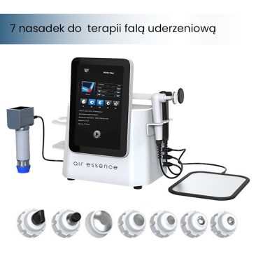 Air Essence Vortex V9 urządzenie 2 w 1 do terapii TECAR w trybie CET i RET oraz elektromagnetyczną falą uderzeniową skupioną z ekranem dotykowym i siedmioma wymiennymi nasadkami do terapii falą uderzeniową ułożonymi przed urządzeniem