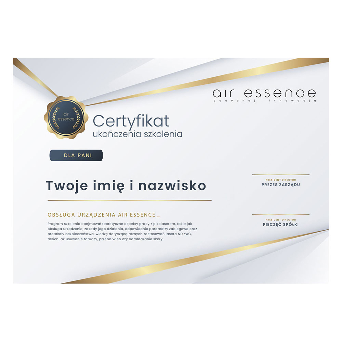 Imienny certyfikat szkolenie online z podstawowej obsługi urządzenia