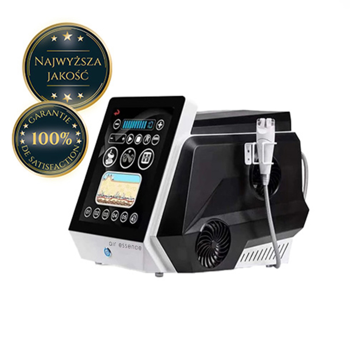Air Essence™ Endermovac D2 endermologia urządzenie do masażu próżniowego z rolkami lipomasaż widok boczny z panelem sterowania oraz grafiką najwyższa jakość i gwarancja 100 procent satysfakcji