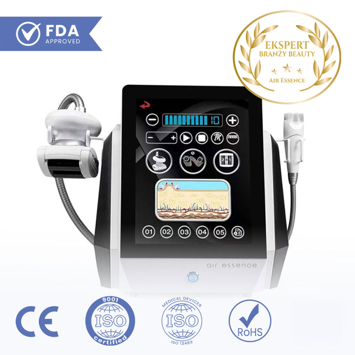 Air Essence™ Endermovac D2 endermologia urządzenie do masażu próżniowego z rolkami lipomasaż z panelem sterowania oraz grafiką oznaczeń CE ISO RoHS FDA Approved i wyróżnieniem ekspert branży beauty