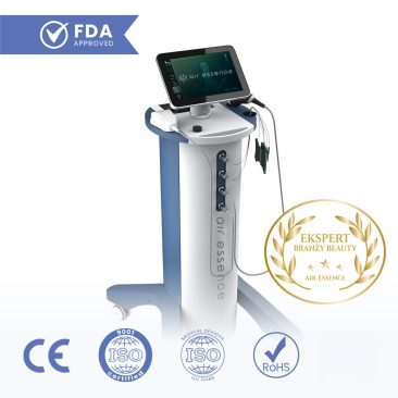 Air Essence™ Vortex V3 – urządzenie 3 w 1 z pneumatyczną falą uderzeniową, TENS/IFC i ultradźwiękami; na grafice widoczne oznaczenia i symbole certyfikacyjne CE, ISO, RoHS oraz znak „FDA Approved” i „Ekspert Branży Beauty”.