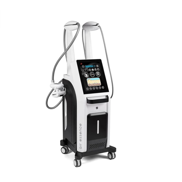 Air Essence™ Endermovac D1 endermologia urządzenie do masażu próżniowego z rolkami do modelowania sylwetki i wyszczuplania ciała w czarno białej obudowie z ekranem dotykowym i podłączonymi aplikatorami