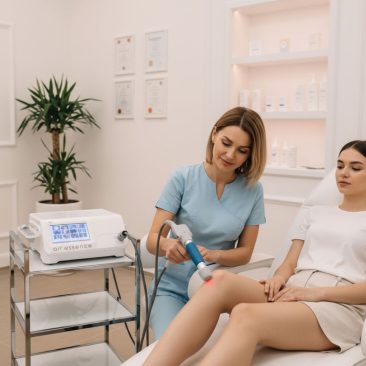 Estetyczka w niebieskim fartuchu używa urządzenia Air Essence™ Vortex V14 (fala uderzeniowa, fala pneumatyczna) na nodze kobiety w nowoczesnej klinice. Zrelaksowana pacjentka siedzi na fotelu zabiegowym, a na ścianie widoczne są produkty do pielęgnacji skóry i certyfikaty.