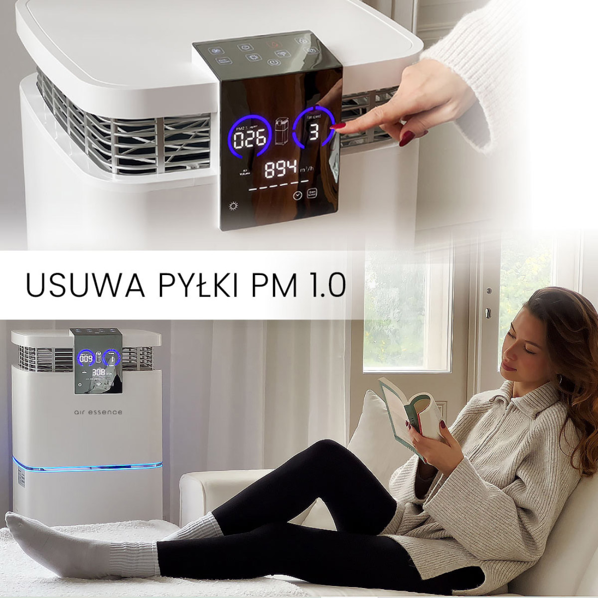 Kobieta relaksuje się w przytulnym pokoju, czytając przy oczyszczaczu i nawilżaczu powietrza Air Essence™ Cyclone, który wyświetla jakość powietrza na cyfrowym ekranie. Polski tekst brzmi "USUWA PYŁKI PM 1.0" (Usuwa cząsteczki PM 1.0).