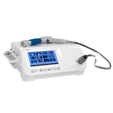 Air Essence™ Vortex V14 to białe urządzenie do pielęgnacji twarzy z cyfrowym ekranem dotykowym, przyciskami sterowania i przewodową rękojeścią, wykorzystujące technologie fala uderzeniowa i fala pneumatyczna.