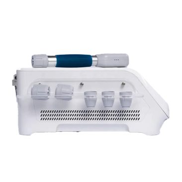 Air Essence™ Vortex V14 to białe urządzenie do pielęgnacji skóry lub twarzy z wieloma odłączanymi głowicami z szarymi i niebieskimi uchwytami, przedstawione na białym tle.