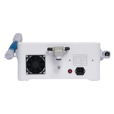 Air Essence™ Vortex V14 fala uderzeniowa, fala pneumatyczna jest pokazana od tyłu, z wentylatorem chłodzącym, wyłącznikiem zasilania, wylotem, etykietami, filtrem lub zaworem oraz dwoma bocznymi uchwytami lub przystawkami.