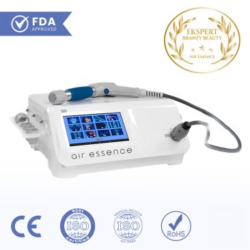 Biały Air Essence™ Vortex V14 fala uderzeniowa, fala pneumatyczna urządzenie kosmetyczne z ekranem dotykowym, nasadkami na końcówki oraz certyfikatami FDA, ISO, ROHS. W prawym górnym rogu znajduje się złota plakietka Ekspert Branzy Beauty.