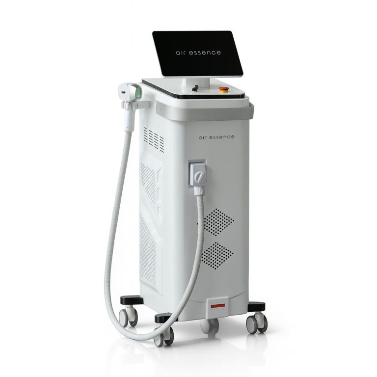 Laser diodowy Harmattan H4 w biało-srebrnej obudowie z pochylonym ekranem dotykowym, aplikatorem na przewodzie i stabilną podstawą na kółkach do profesjonalnej depilacji.