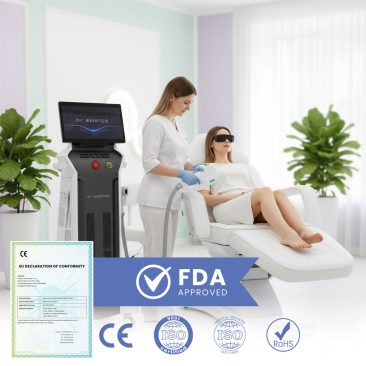 Technik używa lasera diodowego do depilacji Air Essence™ Harmattan H6 na kobiecie w nowoczesnej klinice. Przedstawione plakietki certyfikacyjne obejmują FDA, CE, ISO, RoHS i deklarację zgodności UE.