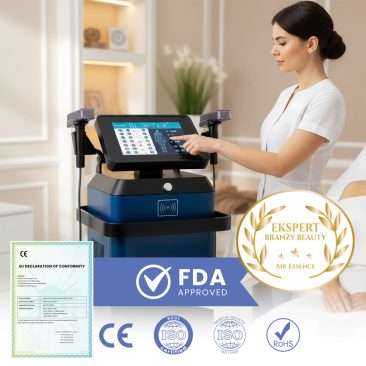 Kobieta używa urządzenia Air Essence™ Ventys V2 do mezoterapii mikroigłowej RF, radiofrekwencji w spa. Przedstawiono certyfikaty FDA, CE, ISO i RoHS, a także złotą odznakę Ekspert Branży Beauty i deklarację zgodności UE.