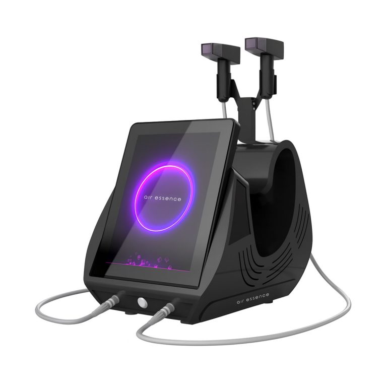 Air Essence™ Ventys V3 to eleganckie, czarne urządzenie do mezoterapii mikroigłowej RF z dużym ekranem dotykowym wyświetlającym fioletowy pierścień, dwiema podłączonymi końcówkami na górze i dwoma kablami z przodu.