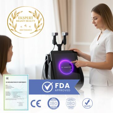 Air Essence™ Ventys V3 urządzenie do mezoterapii mikroigłowej RF podczas zabiegu w gabinecie kosmetologicznym. Kosmetolog obsługuje ekran dotykowy, a pacjentka leży na fotelu zabiegowym. Sprzęt posiada certyfikat CE oraz spełnia normy ISO i RoHS, przeznaczony do profesjonalnych zabiegów liftingujących i regenerujących skórę.