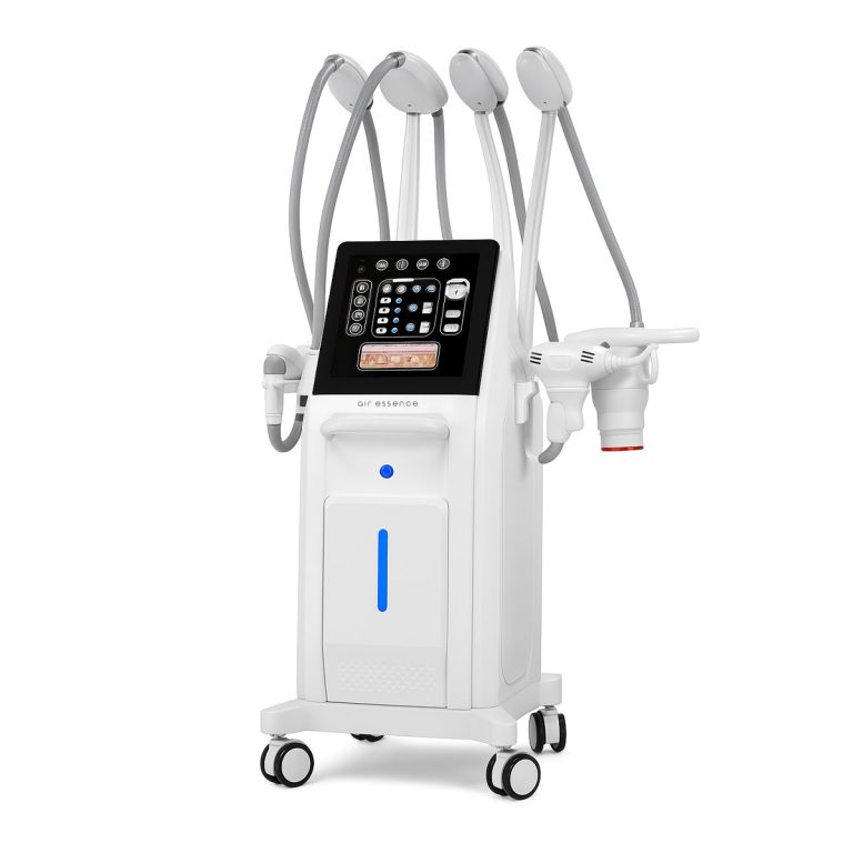 Air Essence™ Endermovac D4 - 5w1 urządzenie do endermologii i masażu próżniowego z rolkami, widok z przodu, mobilna konstrukcja na kółkach z panelem sterowania i głowicami zabiegowymi.