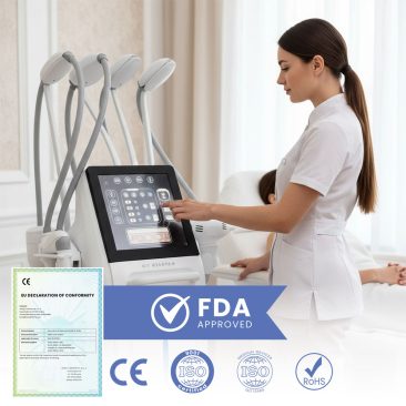 Kosmetolog obsługująca ekran dotykowy urządzenia Air Essence™ Endermovac D4 - 5w1 do endermologii i masażu próżniowego z rolkami, w gabinecie zabiegowym, z widocznymi oznaczeniami CE oraz ikonami certyfikatów i dokumentem zgodności.