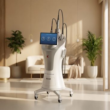 Air Essence™ Endermovac D5 do modelowania ciała ustawiony w nowoczesnym wnętrzu gabinetowym, mobilne srebrno białe urządzenie z ekranem dotykowym i podłączonymi aplikatorami zabiegowymi.