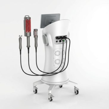 Tył urządzenia Air Essence™ Endermovac D5 do modelowania ciała - widok od strony panelu przyłączeniowego z podłączonymi aplikatorami oraz mobilną podstawą na kółkach.