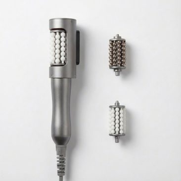 Zbliżenie na aplikator z białymi rolkami oraz dwie wymienne końcówki do urządzenia Air Essence™ Endermovac D5 do modelowania ciała i wsparcia redukcji tkanki tłuszczowej umożliwiające dopasowanie pracy do różnych obszarów ciała