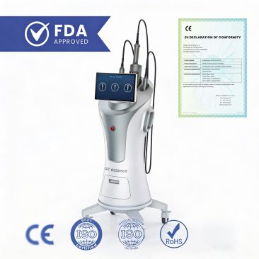 Air Essence™ Endermovac D5 - urządzenie do modelowania ciała i wsparcia redukcji tkanki tłuszczowej, z ekranem dotykowym i aplikatorami, grafika z oznaczeniami CE, ISO, RoHS, FDA Approved oraz deklaracją zgodności.