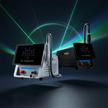 Dwa futurystyczne lasery pikosekundowe Air Essence™ Fluxion F1 do usuwania tatuaży, każdy z ekranami dotykowymi, dołączonymi rękojeściami i wyróżniającymi się przyciskami sterowania. 